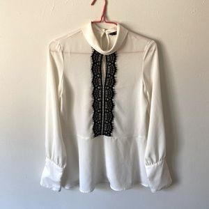 Zara Blouses | Off White Turtleneck w/ Black Lace
